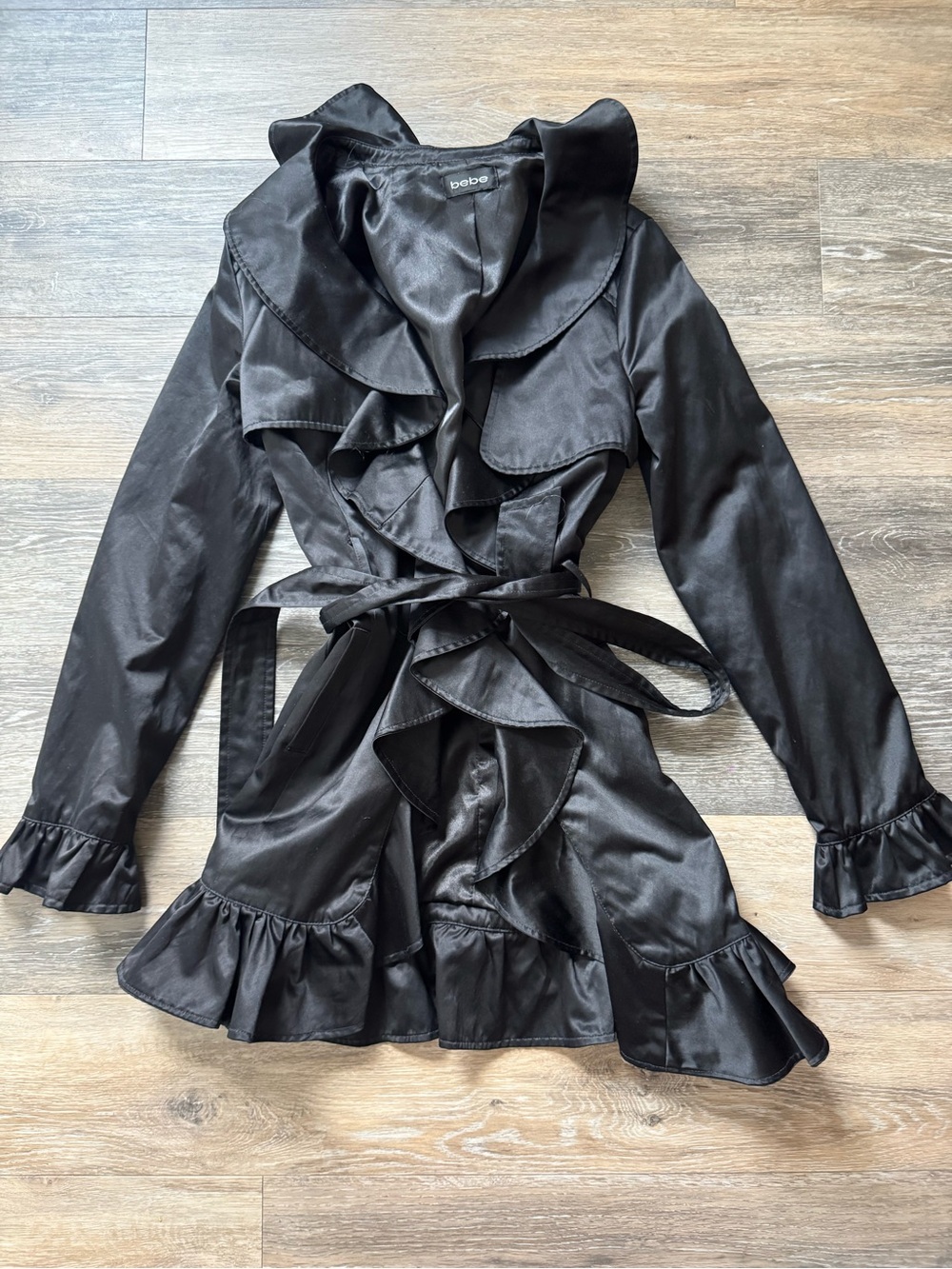 Y2K bebe Black Satin Ruffle Tie-Waist Trench Coat Sz S